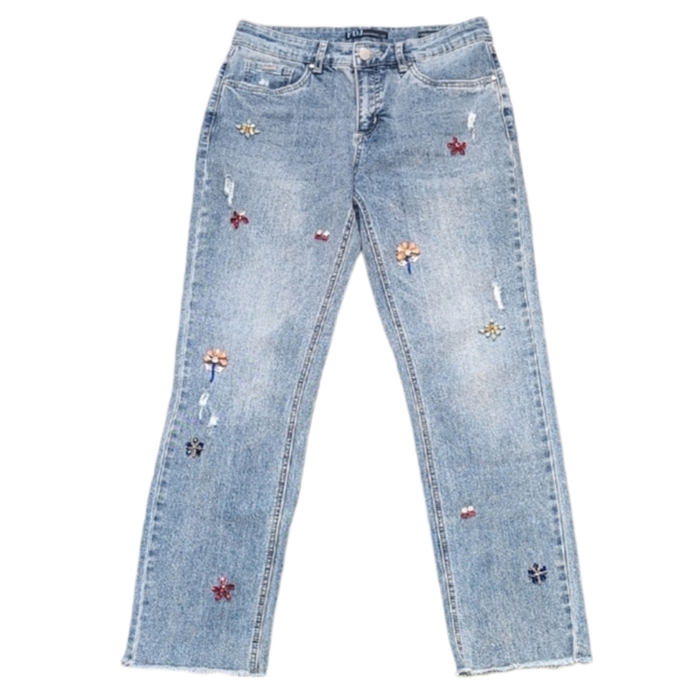 FDJ Embellished Floral Distressed Boyfriend Jeans Light Wash Denim Raw Hem
